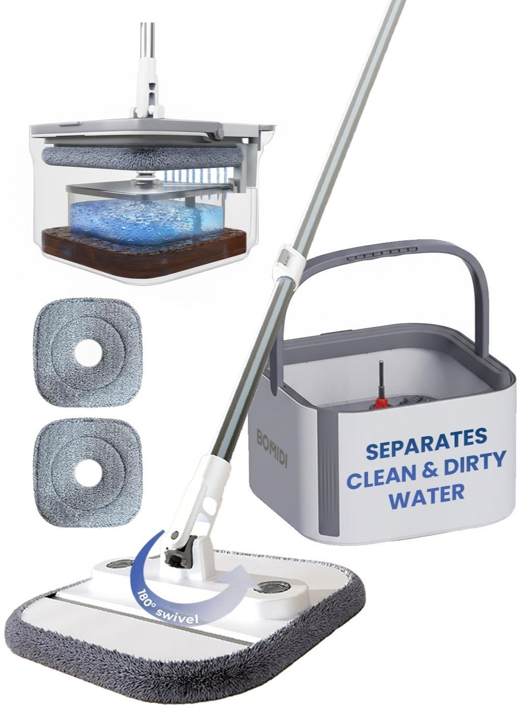 SpinMop Bucket Set, 360 Degree Foldable Spinning Mop with Self Separation Dirty and Clean Water System, Easy Wring Floor Mop with Detachable Mop Heads for Floor Cleaning on Home Kitchen M20-White Grey